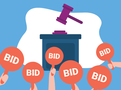 Ilustrácia zobrazujúca aukčnú scénu. V strede je tmavomodrá schránka alebo kontajner s kľúčovou dierkou, čiastočne zakrytá veľkým bielym symbolom visacieho zámku. Na vrchu modrej schránky leží sudcovské kladivo. Niekoľko rúk okolo spodnej časti a po stranách drží červené pádla s bielym nápisom "BID". Pozadie je svetlomodré. Kliknite pre zobrazenie produktov v ponuke.